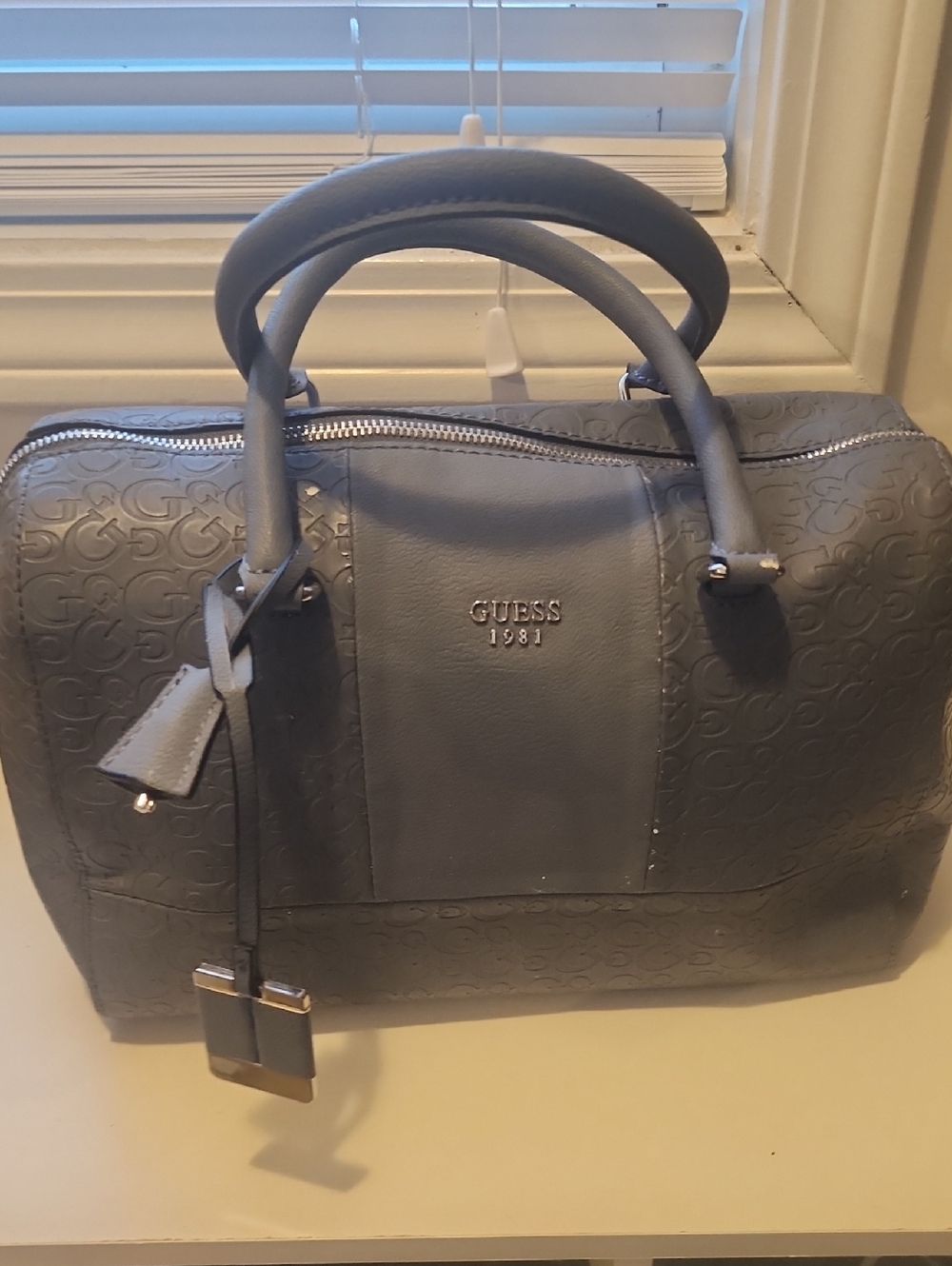 Guess Embossed Satchel Handbag - Gray